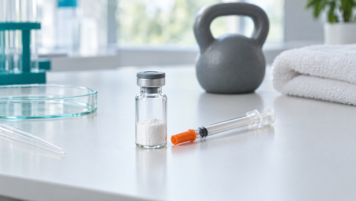 Flacone senza etichetta con polvere peptidica liofilizzata, siringa da insulina U-100 e kettlebell su un banco bianco da laboratorio