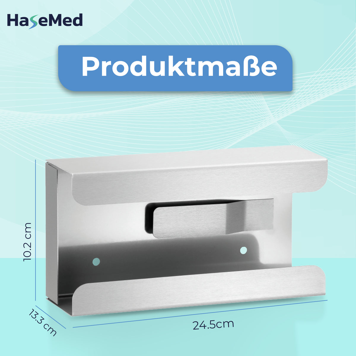 Supporto HaseMed HAS-30 in acciaio inox con molla per una scatola di guanti, mostrato con indicazioni delle dimensioni. Viene fornito un supporto.