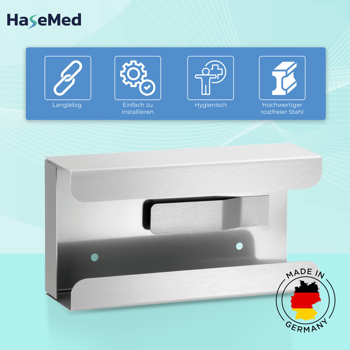 Supporto HaseMed HAS-30 in acciaio inox con molla per una scatola di guanti, mostrato con etichette delle caratteristiche e un'immagine sull'origine. Viene fornito un supporto.