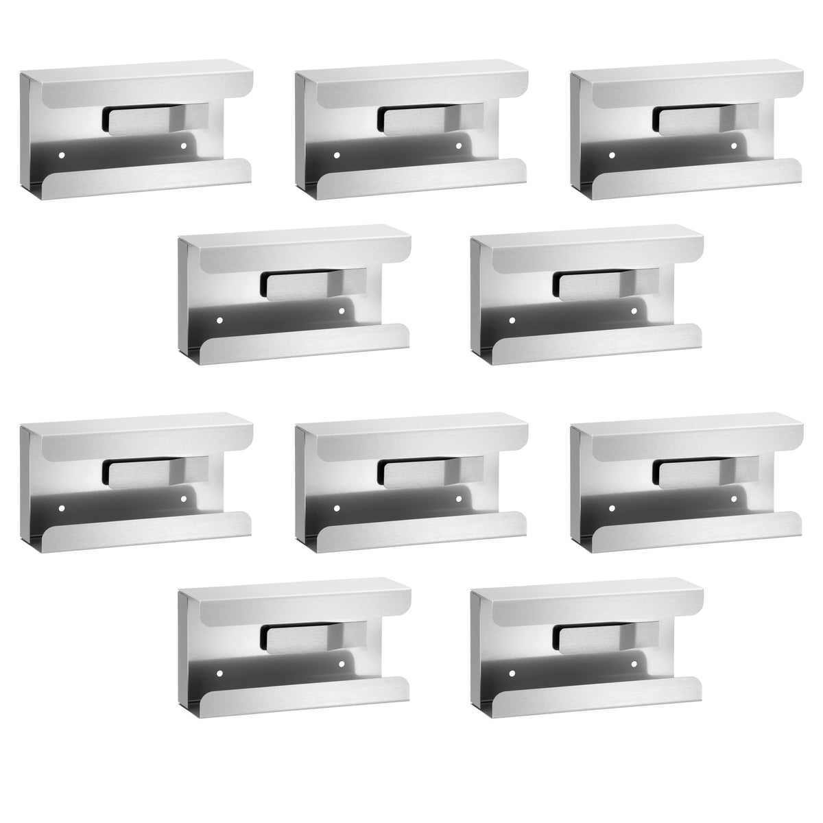 10 supporti HaseMed HAS-30 in acciaio inox, ciascuno con molla per una scatola di guanti. Venduto come un supporto per unità d'ordine.