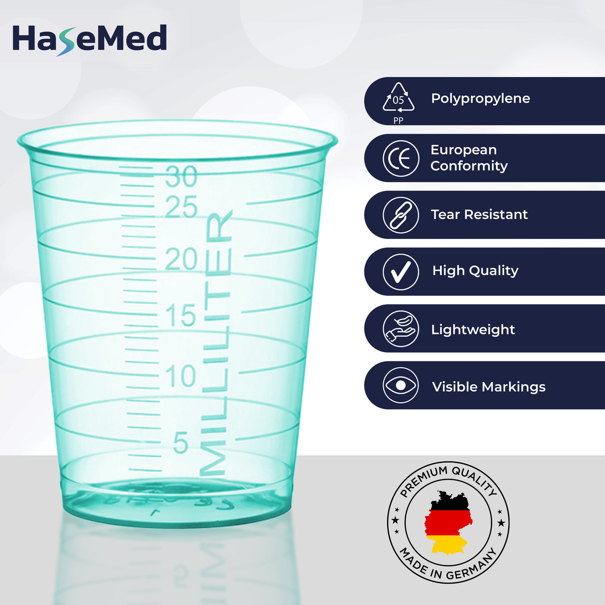 Grafica delle caratteristiche dei bicchierini per medicinali HaseMed da 30 ml. Colore: verde. Venduti in confezioni da 80 bicchierini di un solo colore scelto, senza coperchi.