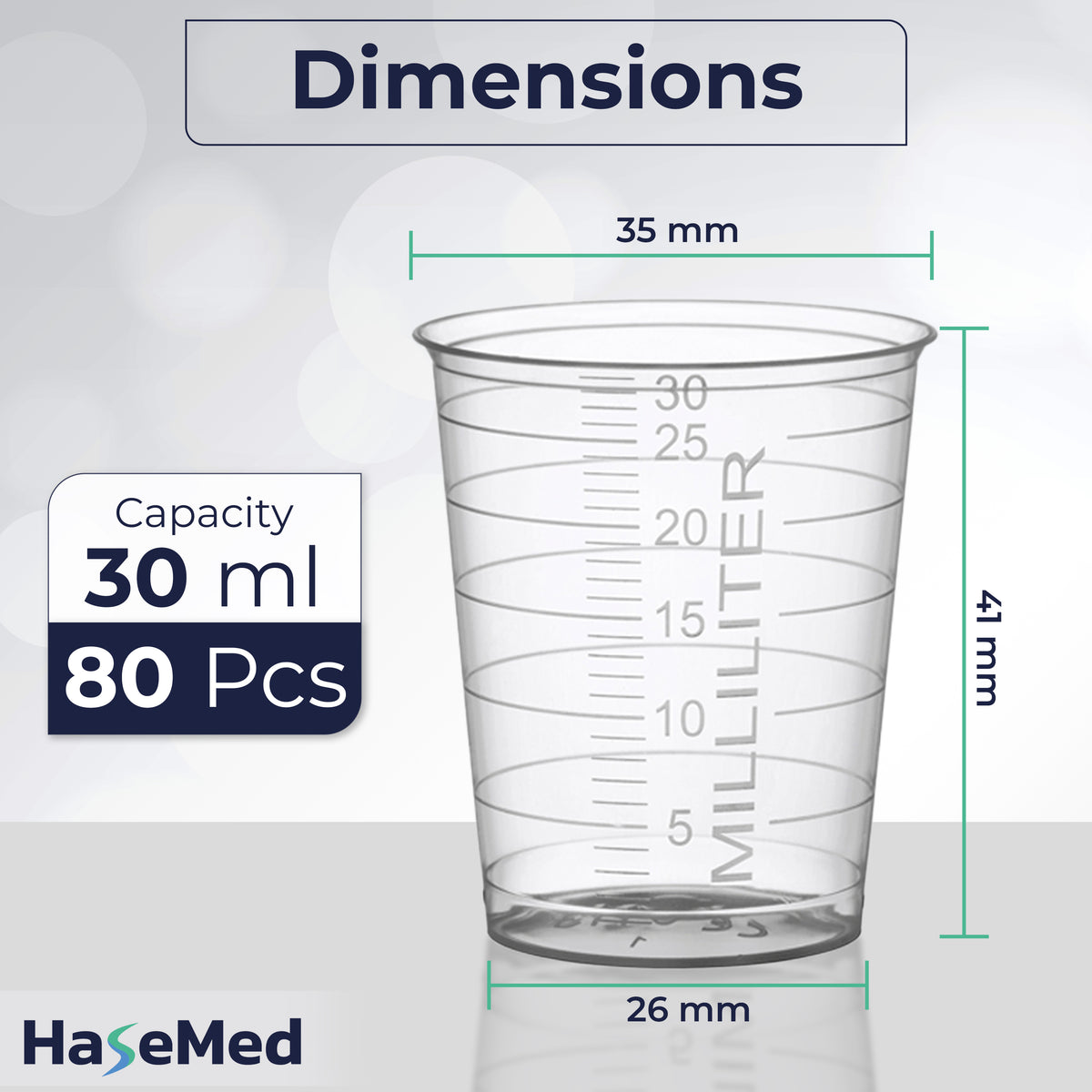 Grafica delle dimensioni di un bicchierino per medicinali HaseMed da 30 ml. Colore: trasparente. Venduti in confezioni da 80 bicchierini di un solo colore scelto, senza coperchi.