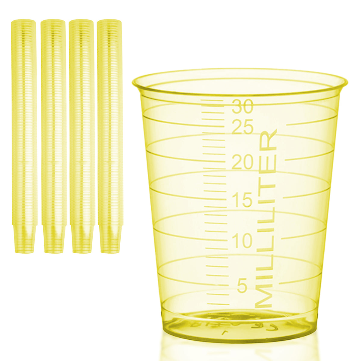 Pile di bicchierini per medicinali HaseMed da 30 ml. Colore: giallo. Venduti in confezioni da 80 bicchierini di un solo colore scelto, senza coperchi.