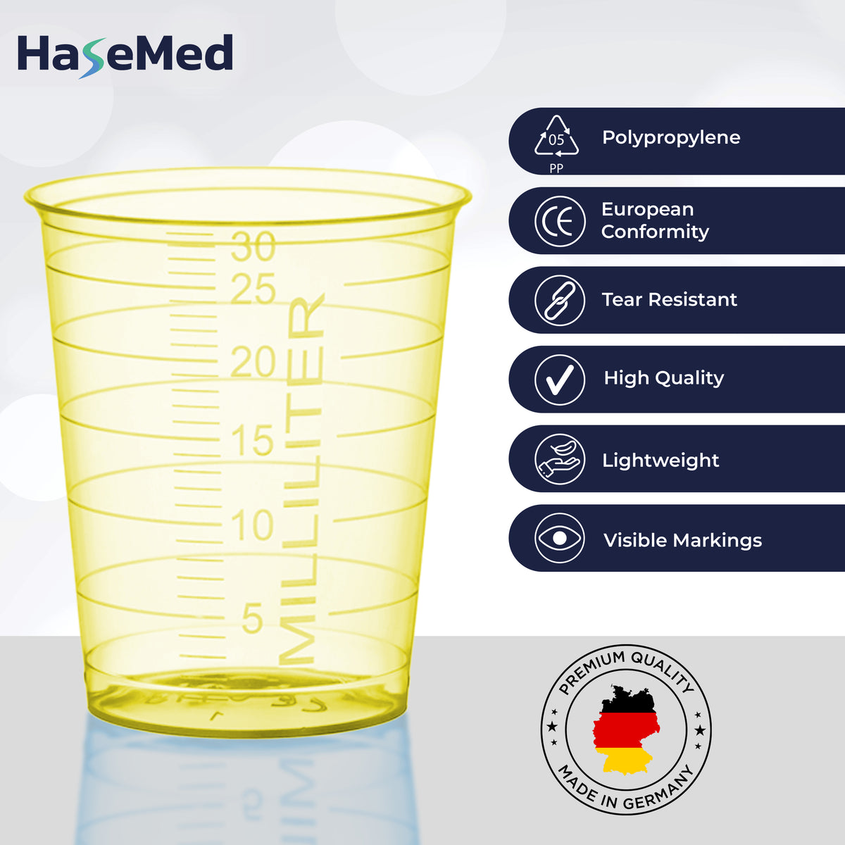 Grafica delle caratteristiche dei bicchierini per medicinali HaseMed da 30 ml. Colore: giallo. Venduti in confezioni da 80 bicchierini di un solo colore scelto, senza coperchi.