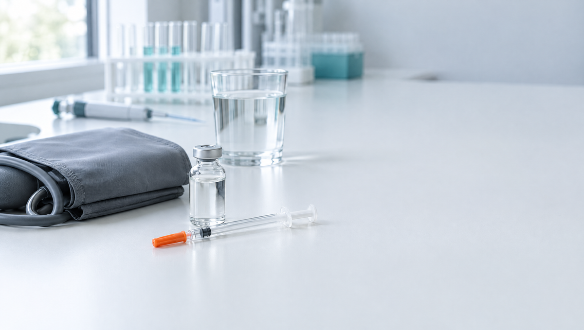 Fiala di vetro senza etichetta, siringa per insulina U-100, bracciale per misurare la pressione e bicchiere d'acqua su un banco da laboratorio bianco