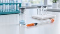 Flaconcino senza etichetta con polvere peptidica liofilizzata azzurro pallido, siringa da insulina U-100 e garza sterile su un banco di laboratorio bianco
