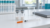 Due flaconcini senza etichetta di peptidi liofilizzati, una siringa da insulina U-100, un becher e un quaderno su un banco bianco di laboratorio