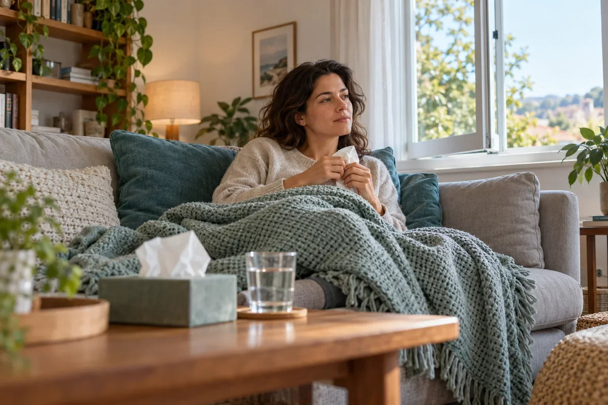 Un adulto seduto sul divano con una coperta, fazzoletti e un bicchiere d'acqua.