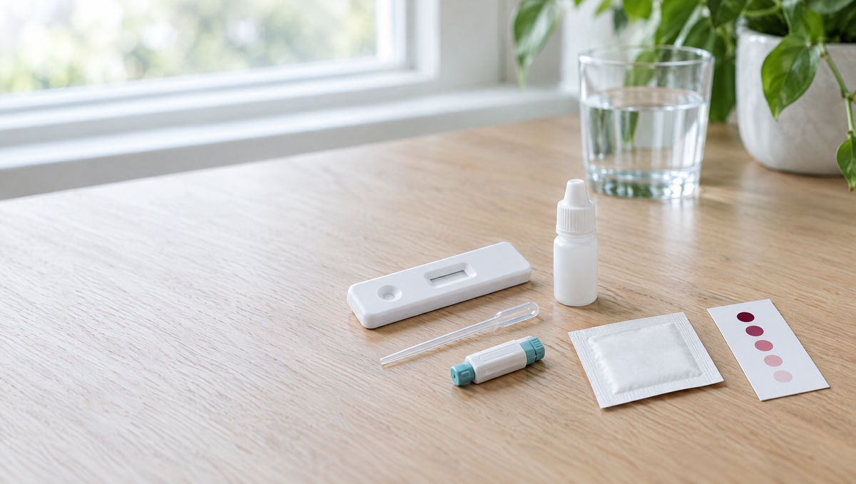 Kit per il test della vitamina D a casa su un tavolo di legno: cassetta del test, flacone di buffer, pipetta capillare, lancetta, tampone imbevuto di alcol, scheda colori