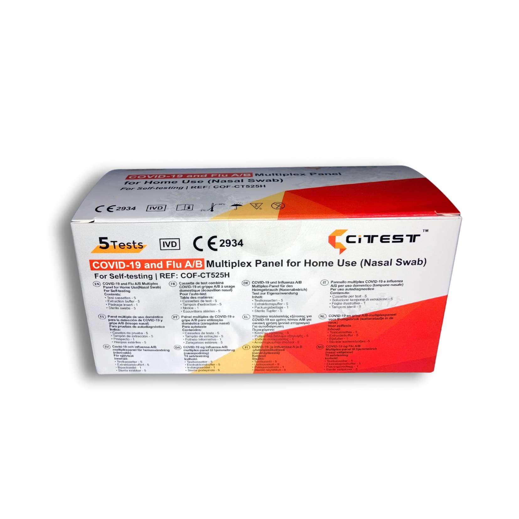 CITEST COVID-19 and Influenza A/B Antigen Rapid Combo Test (Swab) Home Test Nasal - 5-Pack