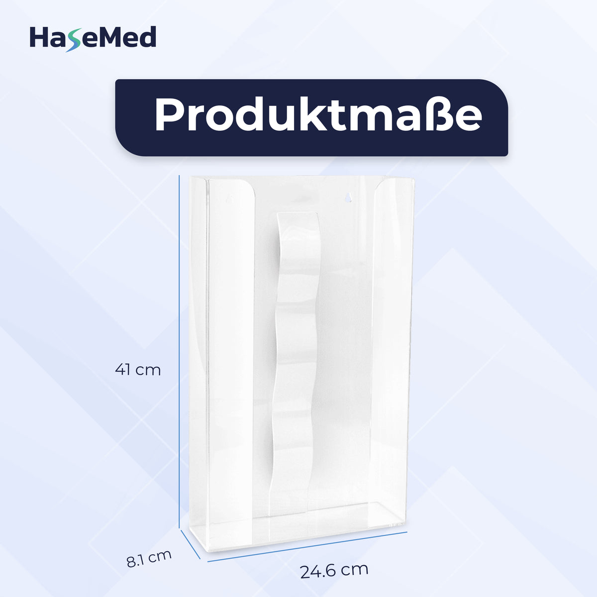 Dimensioni del supporto in acrilico HaseMed HAS-35: 41 × 24,6 × 8,1 cm; un supporto per tre scatole di guanti.