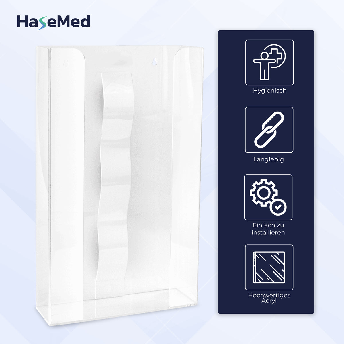Supporto HaseMed HAS-35 in acrilico con molla per tre scatole di guanti, mostrato con etichette delle caratteristiche. Viene fornito un supporto.