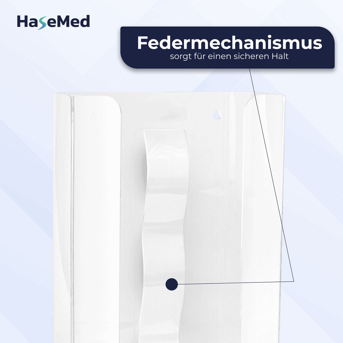 Dettaglio della molla del supporto in acrilico HaseMed HAS-35 per tre scatole di guanti; testo in tedesco.
