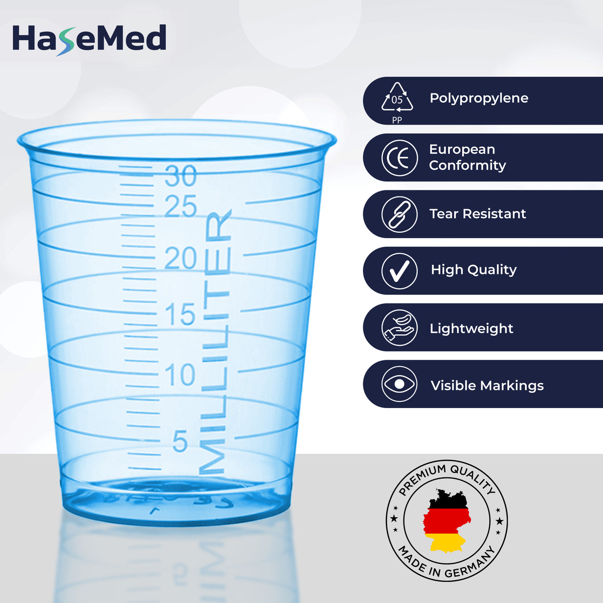 Grafica delle caratteristiche dei bicchierini per medicinali HaseMed da 30 ml. Colore: blu. Venduti in confezioni da 80 bicchierini di un solo colore scelto, senza coperchi.