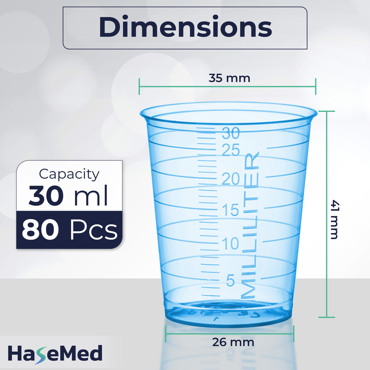 Grafica delle dimensioni di un bicchierino per medicinali HaseMed da 30 ml. Colore: blu. Venduti in confezioni da 80 bicchierini di un solo colore scelto, senza coperchi.