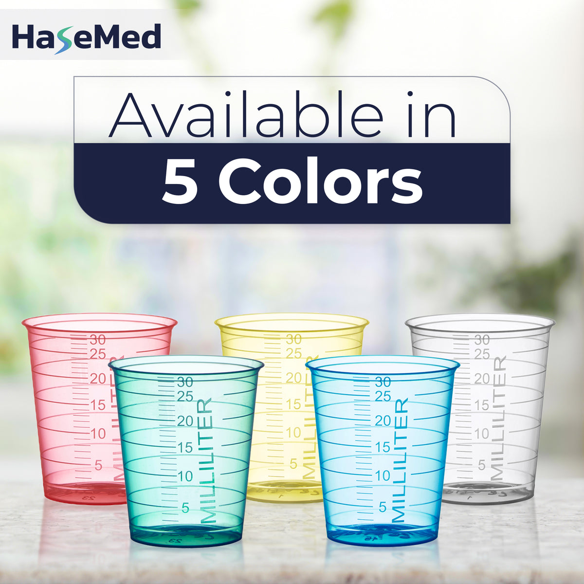 Bicchierini per medicinali HaseMed da 30 ml nei cinque colori disponibili. Ogni confezione contiene 80 bicchierini di un solo colore scelto, senza coperchi.