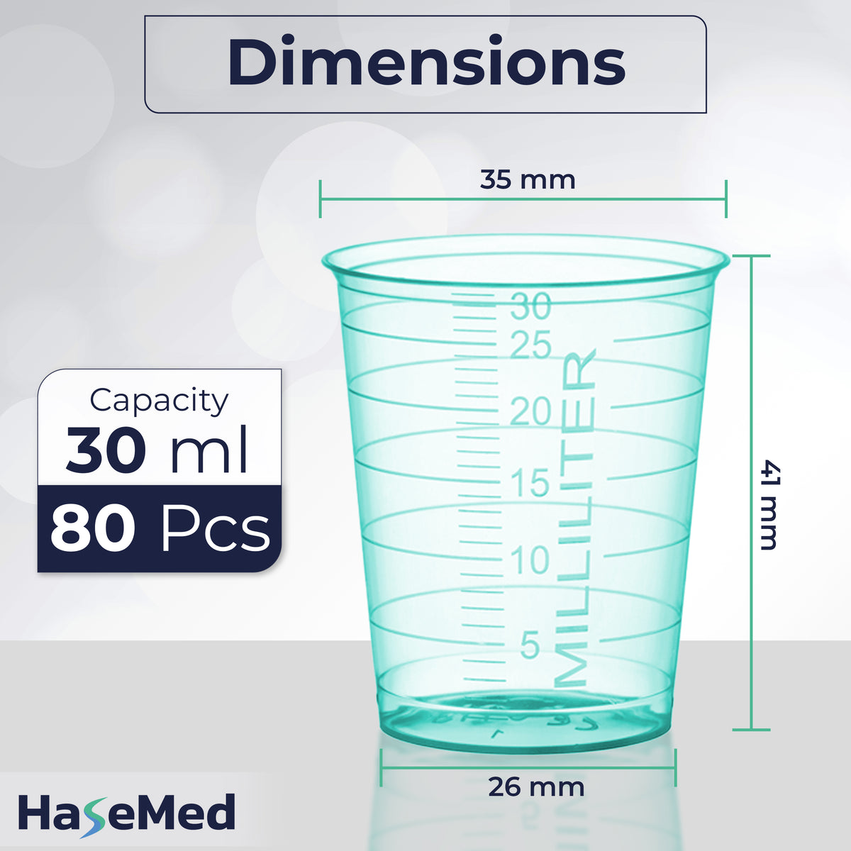 Grafica delle dimensioni di un bicchierino per medicinali HaseMed da 30 ml. Colore: verde. Venduti in confezioni da 80 bicchierini di un solo colore scelto, senza coperchi.