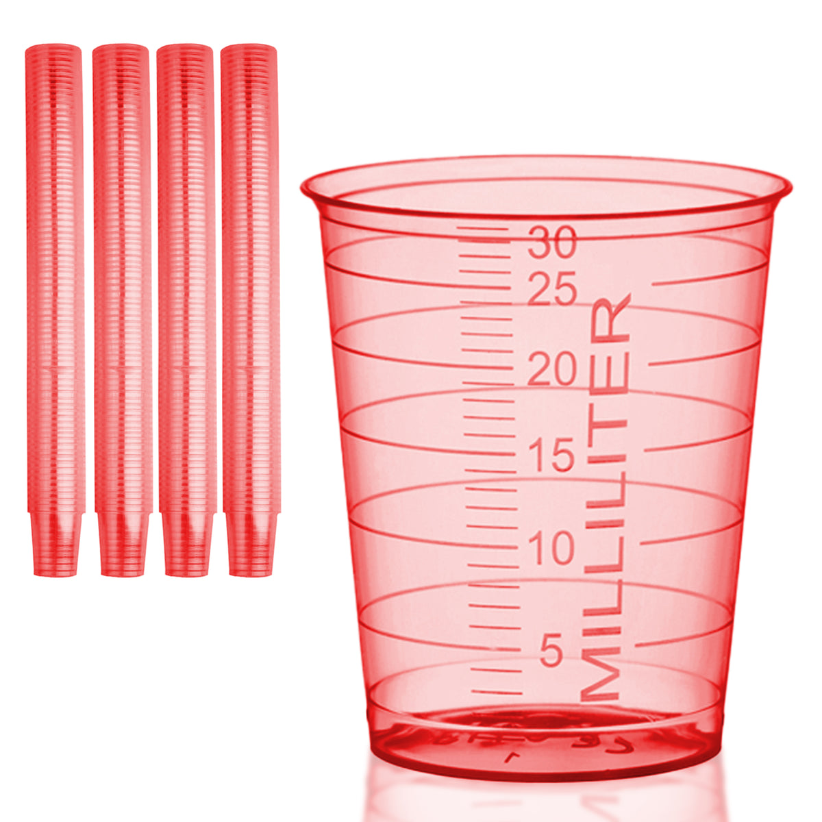 Pile di bicchierini per medicinali HaseMed da 30 ml. Colore: rosso. Venduti in confezioni da 80 bicchierini di un solo colore scelto, senza coperchi.