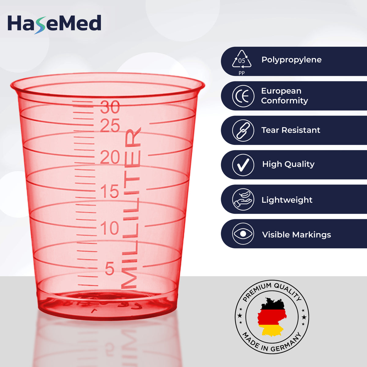 Grafica delle caratteristiche dei bicchierini per medicinali HaseMed da 30 ml. Colore: rosso. Venduti in confezioni da 80 bicchierini di un solo colore scelto, senza coperchi.
