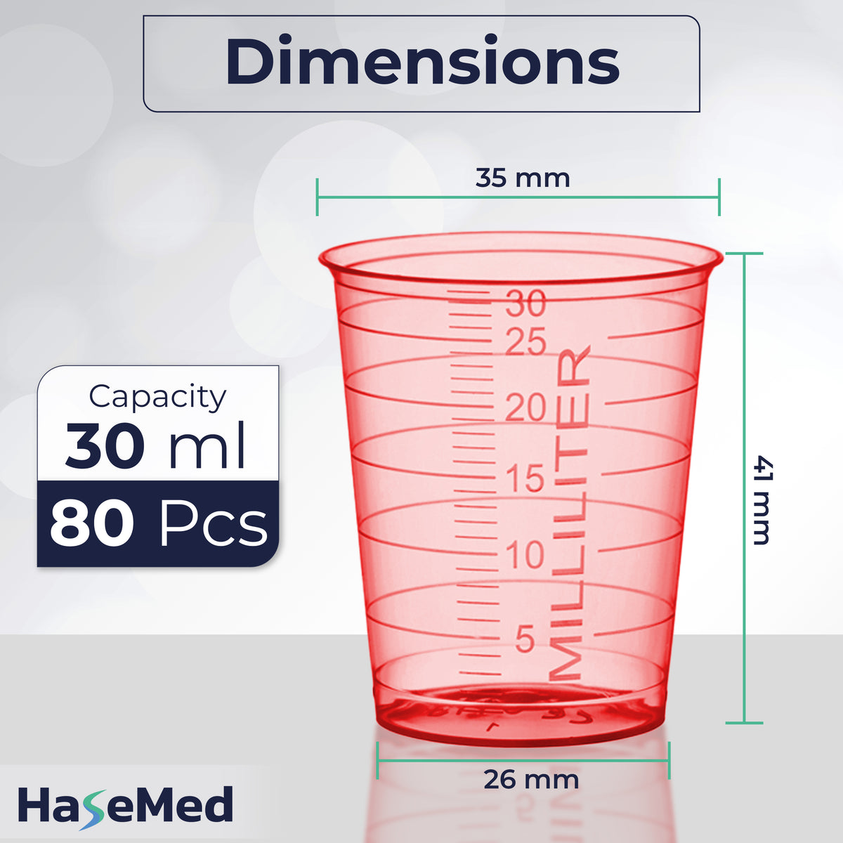 Grafica delle dimensioni di un bicchierino per medicinali HaseMed da 30 ml. Colore: rosso. Venduti in confezioni da 80 bicchierini di un solo colore scelto, senza coperchi.