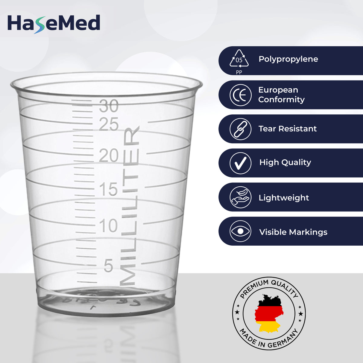 Grafica delle caratteristiche dei bicchierini per medicinali HaseMed da 30 ml. Colore: trasparente. Venduti in confezioni da 80 bicchierini di un solo colore scelto, senza coperchi.