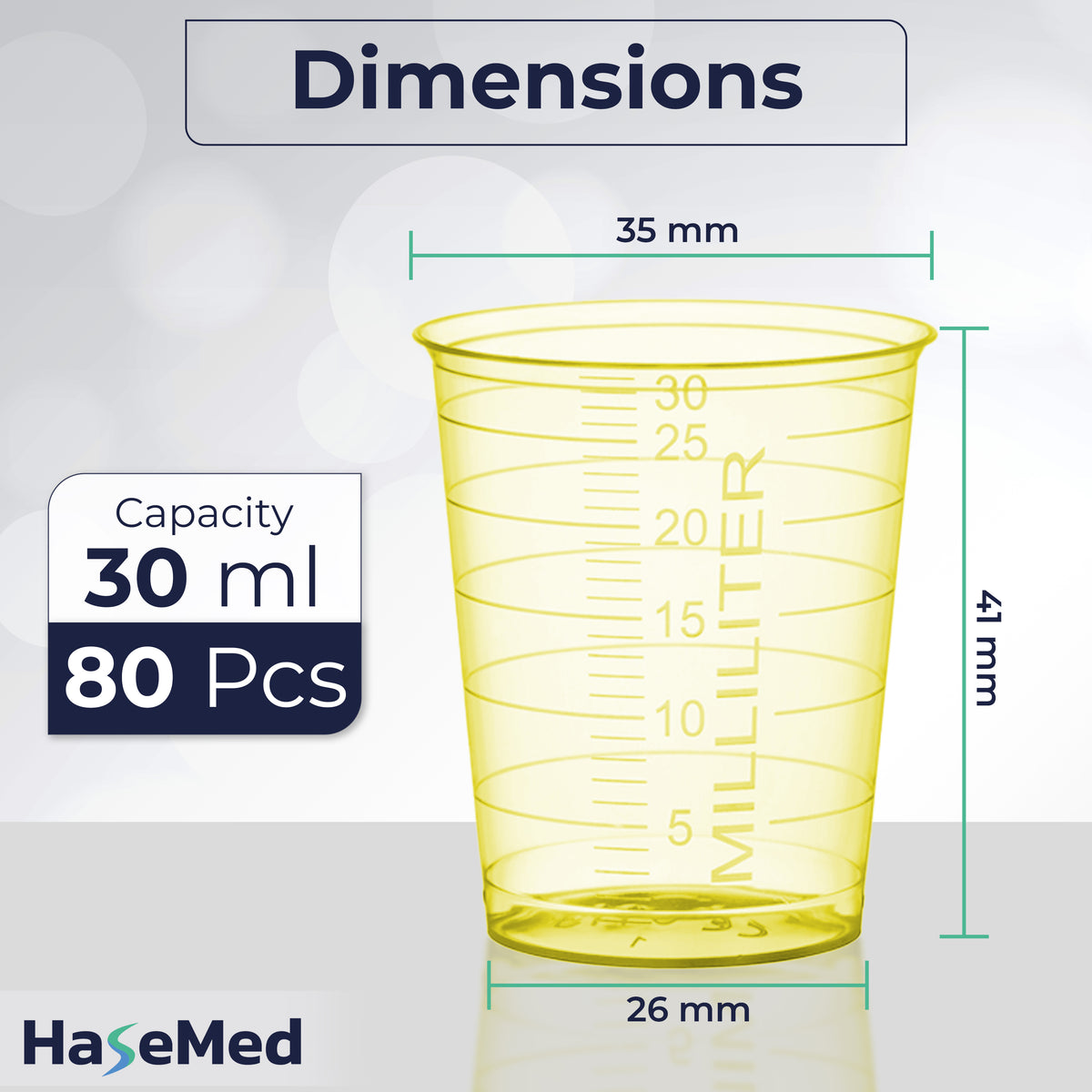 Grafica delle dimensioni di un bicchierino per medicinali HaseMed da 30 ml. Colore: giallo. Venduti in confezioni da 80 bicchierini di un solo colore scelto, senza coperchi.